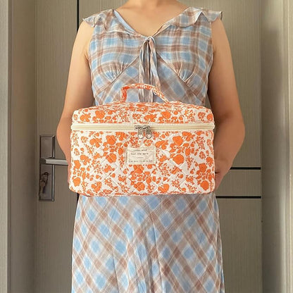 Orange Large Quilted Floral Makeup Bag Cute Soft Coquette Aesthetic Cosmetic Bag Cotton Travel Toiletry Bag for Women