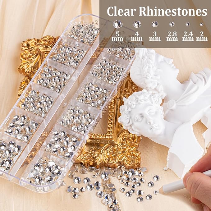 Nail Art Rhinestones Kit with Flatback Crystal (Clear + Clear) Gems, (White & Beige) Half Pearls with Dotting Tools, Nail Rhinestones Jewels for Manicure Makeup