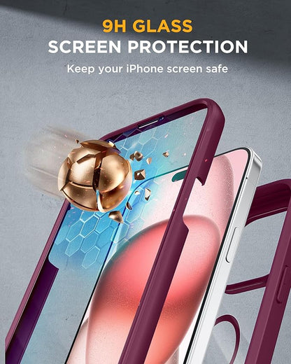Miracase Glass Series for iPhone 15 Case [Compatible with MagSafe] Full-Body Magnetic Case with Built-in 9H Tempered Glass Anti-Fingerprint Screen Protector + Camera Lens Protector, Wine Red