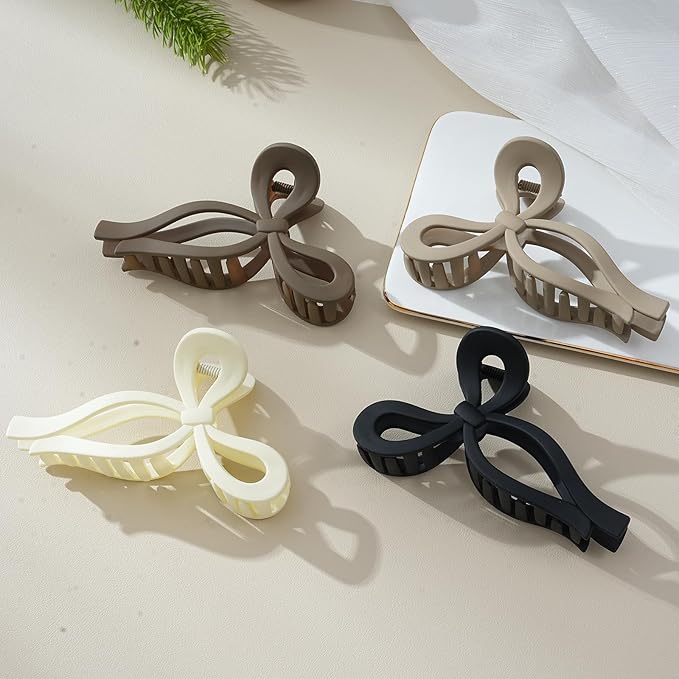 4 PCS Bow Hair Clips Bow Claw Clip for Women Nonslip Large Hair Claw Clips for Thin and Thick Hair Strong Hold Hair Bows (Black+Light Brown+Off-White+Dark Brown)