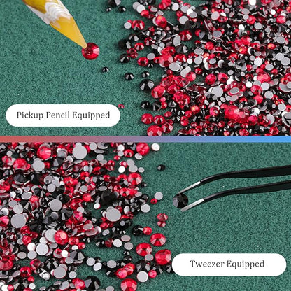 3440PCS 6 Sizes Black and Red Glass Crystal Kit with Pickup Pen + Tweezer Tools for Iridescent Shine Nail Art Manicure Makeup DIY Deco Flatback Round Bead Rhinestone Gem Jewelry Diamond