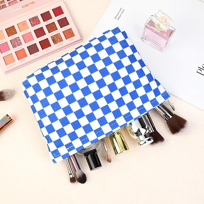 2 Pcs Checkered Makeup Bag Large Cosmetic Bag Toiletry Bag Makeup Pouch Travel Bag Organizer Cute Makeup Brushes Aesthetic Accessories Storage Bag for Women Royal Blue