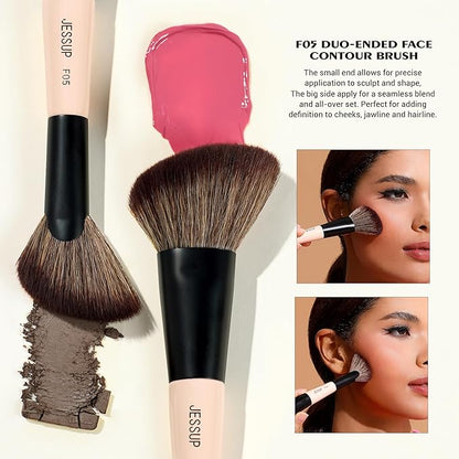 Jessup Travel Makeup Brushes Set 3pcs, Double Sided Contour Brush Dual Ended Eye Shadow Shader Eyeliner Brush, Multi-functional Makeup Set Peach Dust T507