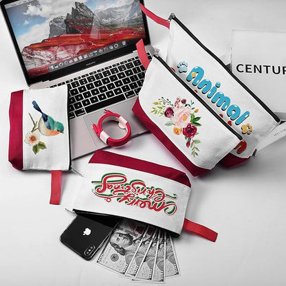 10 Pieces Cotton Canvas Makeup Bag with Bottom and Strap, Multi-Purpose Cosmetic Bag with Zipper Travel Toiletry Pouch, Blank DIY Craft Bag (White&Red, S)