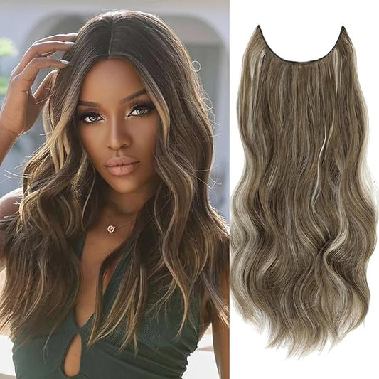 16 Inch Invisible Wire Hair Extension Long Wavy Hair Extensions for Women Mix Brown and Blonde Highlight Adjustable Size Hairpiece 4 Clips in Hair Extension