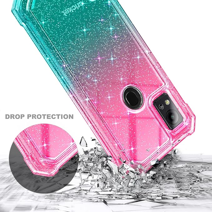 Designed for Cricket Icon 5 Case, AT&T Motivate 4 Phone Case with [Built-in Screen Protector], [5.5FT Mil-Grade Drop Tested] Full-Body Protective Shockproof Bumper Case (Glitter Pink/Aqua)