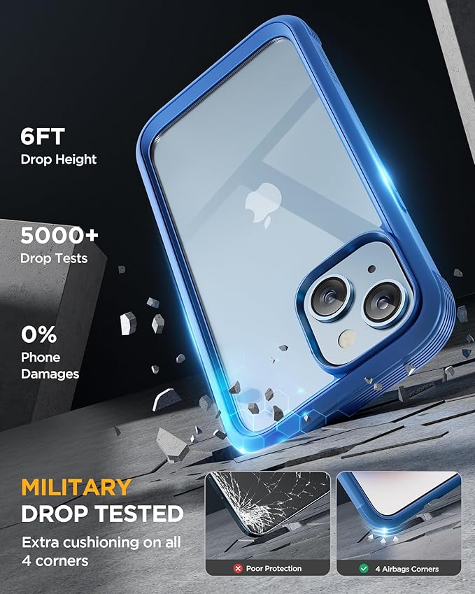 Miracase Glass Series Designed for iPhone 14 Case 6.1 inch, 2023 Upgrade Full-Body Clear Bumper Phone Case with Built-in 9H Tempered Glass Screen Protector and Camera Lens Protector,Blue
