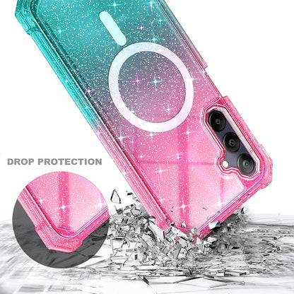 Designed for Samsung Galaxy A36-5G Phone Case, Magnetic Compatible with MagSafe, [Raised Corners Drop Protection] Shockproof Protective Bumper Cover (Glitter Pink/Aqua)