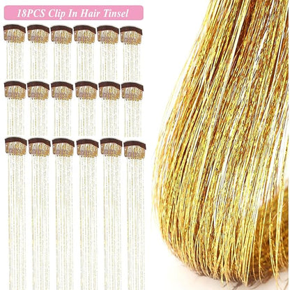 18 Pcs Hair Tinsel clip in Tinsel hair extensions 19.6Inch Clip in Hair tinsel Kit Heat Resistant Sparkle Fairy Hair Accessories for Kids Girls Women (Gold)