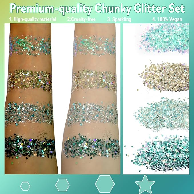 Allstarry Holographic Chunky Body Glitter 4 Colors Cosmetic Face Glitter Eyeshadow Makeup Holographic Mermaid Cosmetic Laser Powder Rave Accessories with Body Glue for Women Makeup Nails DIY Crafts