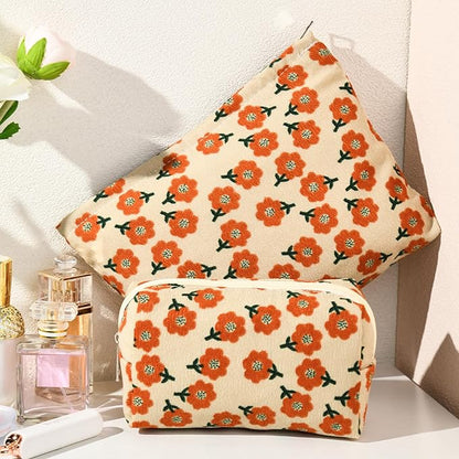 2 Pieces Flower Makeup Bag Large Corduroy Cosmetic Bag Capacity Canvas Mix Travel Toiletry Bag Organizer Cute Makeup Brushes Aesthetic Accessories Storage Bag for Women, Flower Mix Orange