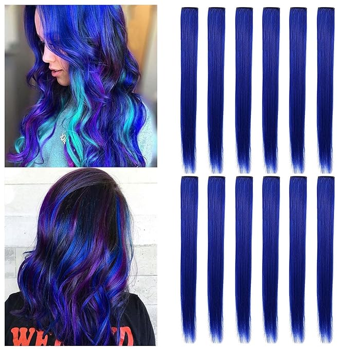 12 PCS Multicolored Hair Extensions clip in Kids Highlights 20inch Straight Colored Hair Extension Clip In For Girls and Women Party Rainbow Wig Hairpieces