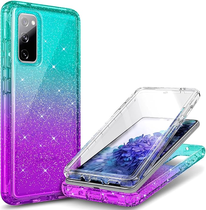 NZND Designed for Samsung Galaxy S20 FE 5G Case with [Built-in Screen Protector], Full-Body Protective Shockproof Rugged Bumper Cover, Impact Resist Case (Glitter Aqua/Purple)