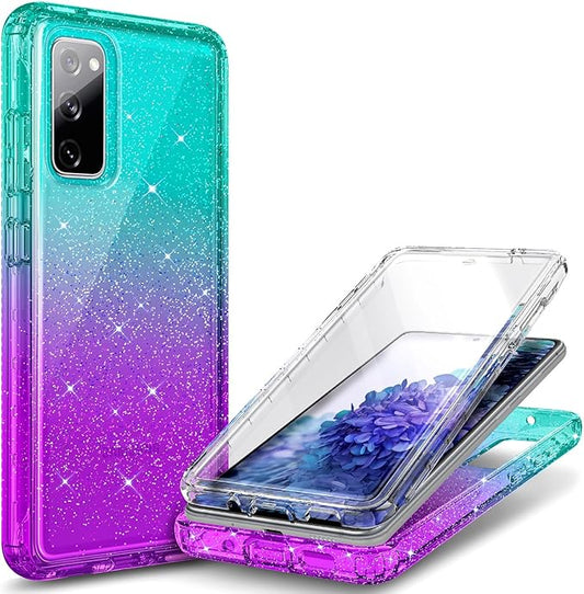 NZND Designed for Samsung Galaxy S20 FE 5G Case with [Built-in Screen Protector], Full-Body Protective Shockproof Rugged Bumper Cover, Impact Resist Case (Glitter Aqua/Purple)