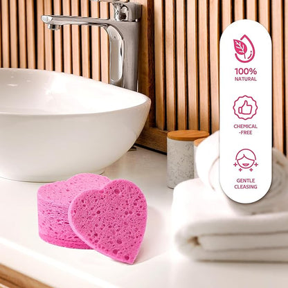 50-Count Heart Shape Compressed Facial Sponges for Daily Facial Cleansing and Exfoliating, 100％ Natural Cosmetic Spa Sponges for Makeup Remover