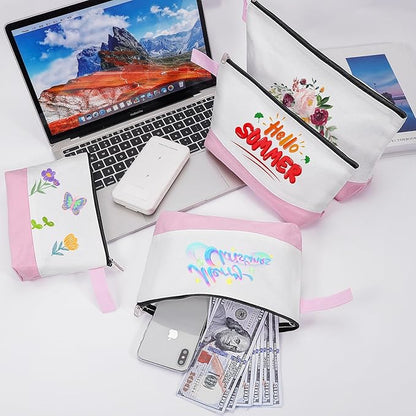 10 Pieces Cotton Canvas Makeup Bag with Bottom and Strap, Multi-Purpose Cosmetic Bag with Zipper Travel Toiletry Pouch, Blank DIY Craft Bag (White&Pink, M)