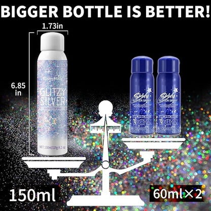 Body Glitte Spray, 150ML Silver Glitter Spray for Hair and Body, Long-Lasting and Quick-Drying Holographic Glitter Hairspray for Kids Women, Body Shimmer Festival Rave and Makeup 4.2 Fl Oz
