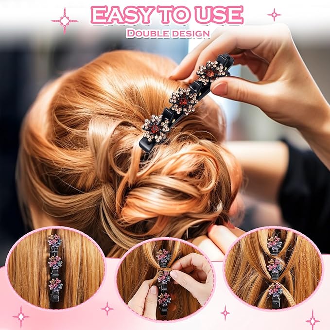 4PCS Sparkling Crystal Stone Braided Hair Clips, Shiny Fancy Hair Clips Elegant Four-Leaf Clover Braided Hair Clips for Women Styling, Braid Rhinestone Hair Accessories for Women Girls