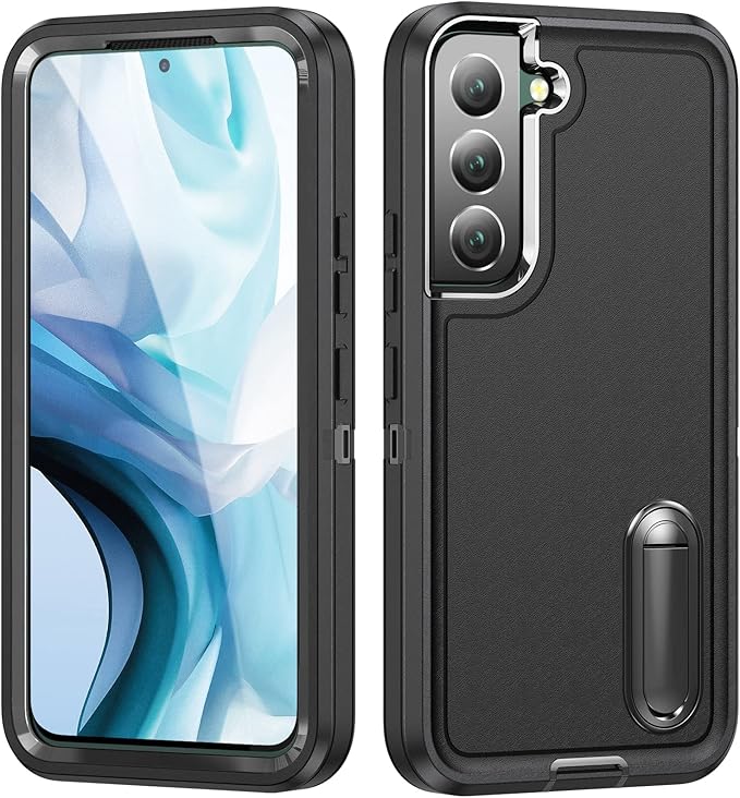 for Samsung Galaxy S22 Plus Case with Kickstand Case 3-Layer Military Grade Protective Case Cover Silicone Rugged Shockproof for Galaxy S22 Plus Phone Case Black+Black