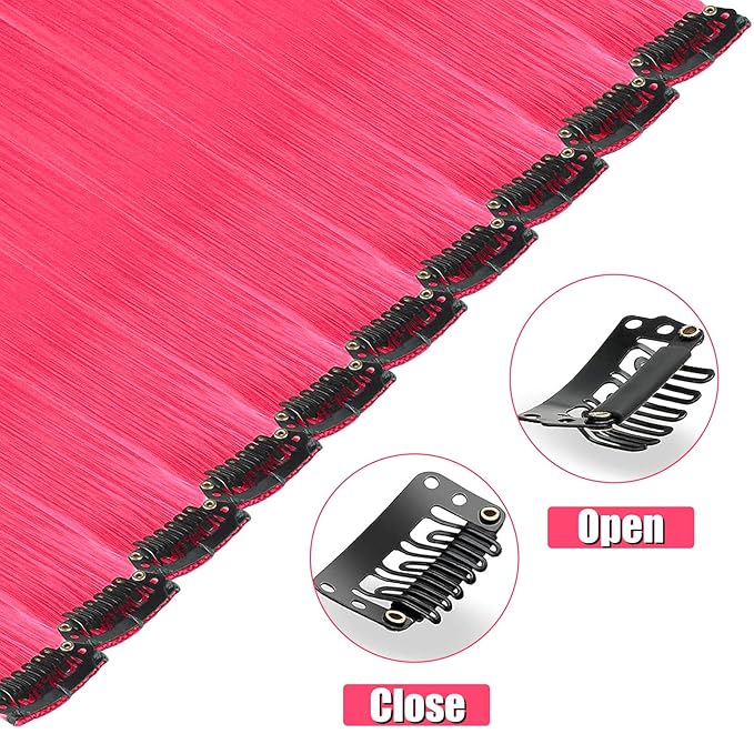 12 PCS Hot Pink Hair Extensions Clip in 22 inch, Colored Party Synthetic Neon Highlights Extensions, Rainbow Hair Accessories for Girls Women