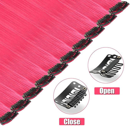 12 PCS Hot Pink Hair Extensions Clip in 22 inch, Colored Party Synthetic Neon Highlights Extensions, Rainbow Hair Accessories for Girls Women