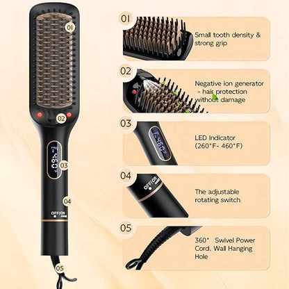 Nicebay Hair Straightener Brush with Rotatable Temperature Adjustment, 6 Temp Settings, Auto-Off, LED Display, Effective Hair Care for Women, Ceramic Heater Surface Material, Black & Gold
