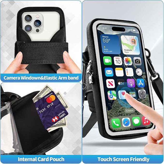 Running Phone Holder, Cell Phone Armband, Clear Crossbody Phone Pouch Purse with Adjustable Strap, Arm Bag with Carabiner, Fits iPhone 16/15/14 Pro Max & Galaxy S25 S24 S23[Up to 7.0 inch]
