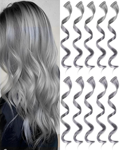 10 PCS Grey Hair Extensions, Curly Wavy Synthetic Hairpieces Clip in Rainbow Neon Party Highlights, Colorful Hair Accessories for Girls Women 17 inch (Grey)