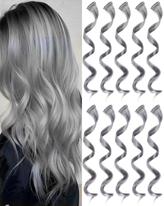 10 PCS Grey Hair Extensions, Curly Wavy Synthetic Hairpieces Clip in Rainbow Neon Party Highlights, Colorful Hair Accessories for Girls Women 17 inch (Grey)
