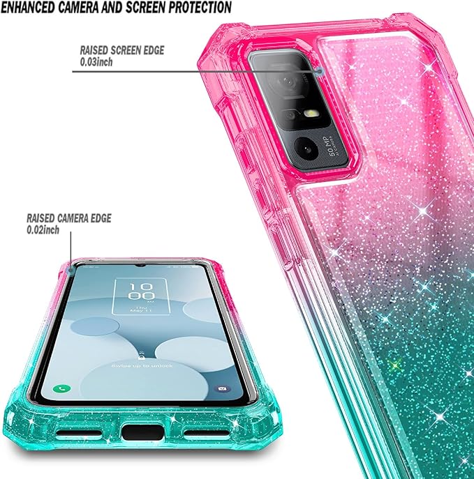 NZND Designed for TCL 40 XE 5G Case, TCL 40 X 5G with [Built-in Screen Protector], Full-Body Protective Shockproof Rugged Bumper Cover, Impact Resist Case (Glitter Pink/Aqua)