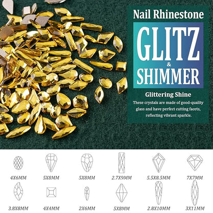 Multi Shapes Lemon Yellow 3D Glass Crystal Nail Art Rhinestones Kit with Flatback Round Bead Charm Gem Stone Jewelry Diamond with Pickup Pen + Tweezer for Manicure Makeup DIY Craft Decoration