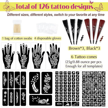 126 PCS Temporary Tattoos Stencils Kit,Temporary Tattoos Kit - 6 Pcs 2 Color(Brown Black) Ink with Gloves,DIY Body Art Painting for Women Men Adults Kids
