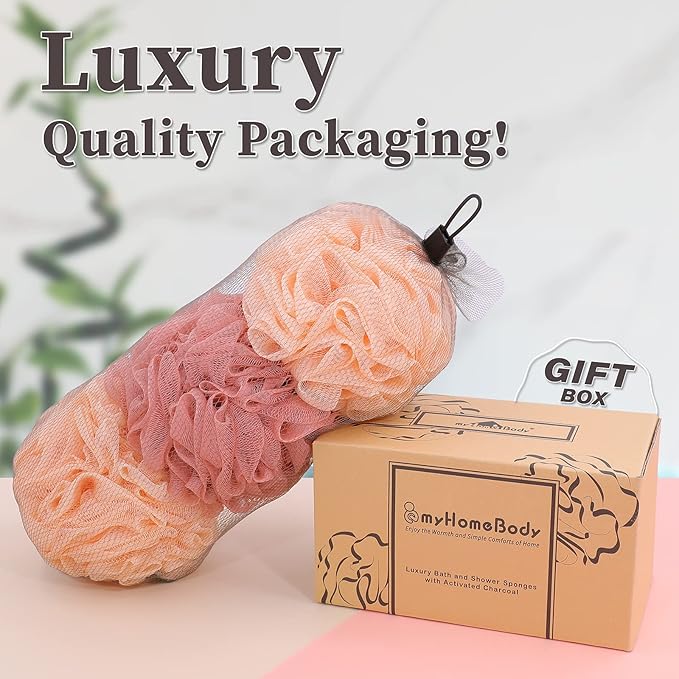 myHomeBody Large 70g Loofah Sponge, Body Scrubber, Bath Sponge, Loofah for Women, Men, Exfoliating Sponge Shower Pouf with Activated Charcoal - 2 Peach + 1 Coral Red, 3 Pack