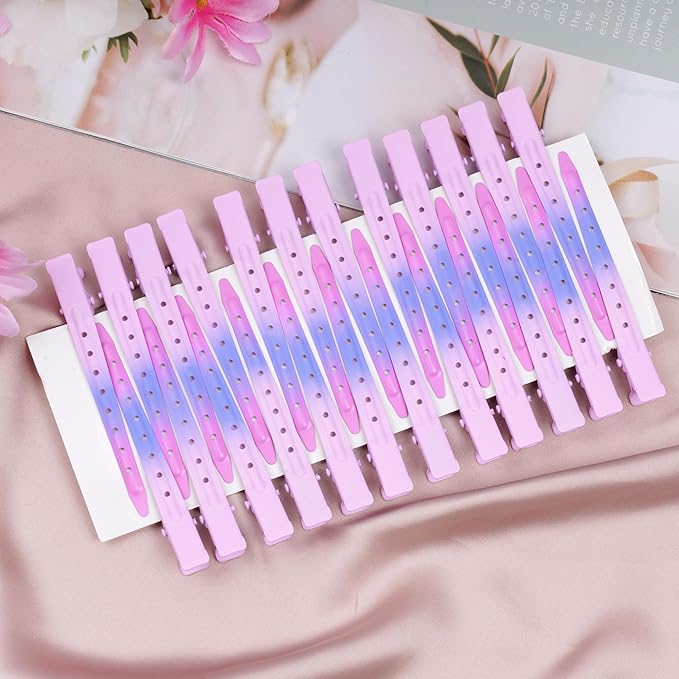 24 Packs Duck Bill Clips, Bantoye 3.35 Inches Rustproof Metal Alligator Curl Clips with Holes for Hair Styling, Hair Coloring, Matte Gradient Pink