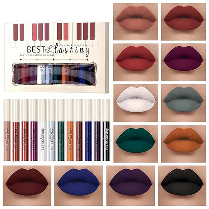 12PCS Matte Liquid Lipstick Set Non-Stick Cup and Not Fade Pigmented Lipstick Long-Lasting Waterproof Velvet Lipgloss Kit Makeup for Girls and Women (Set 02)