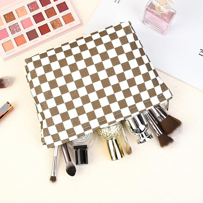 2 Pcs Checkered Makeup Bag Large Cosmetic Bag Toiletry Bag Makeup Pouch Travel Bag Organizer Cute Makeup Brushes Aesthetic Accessories Storage Bag for Women Coffee Brown