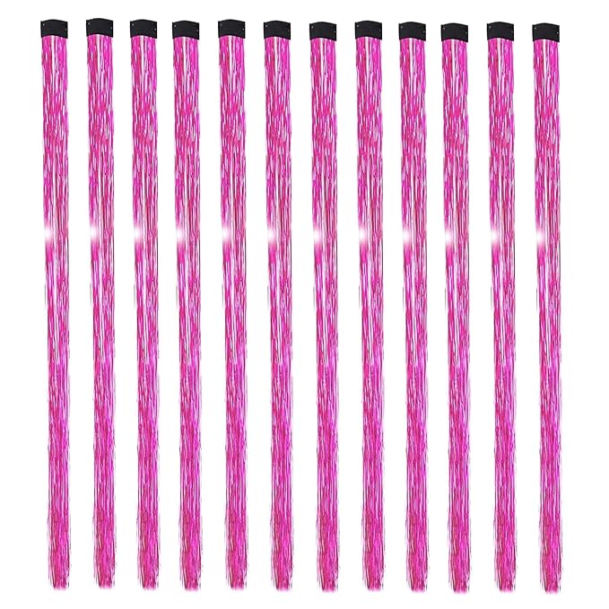 12PCS Tinsel Hair Extensions Glitter Hair Extension Clip in Gold Sparkling Fairy Hair Tinsel Kit Shiny Highlights Colorful Heat Resistant Hair Accessories for Girls New Year Party(Rose Pink)