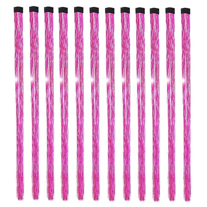 12PCS Tinsel Hair Extensions Glitter Hair Extension Clip in Gold Sparkling Fairy Hair Tinsel Kit Shiny Highlights Colorful Heat Resistant Hair Accessories for Girls New Year Party(Rose Pink)