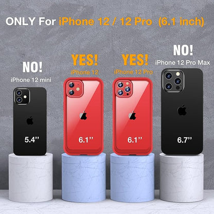 Miracase Glass Series for iPhone 12/12 Pro - Full-Body Rugged Protective Case with Built-in 9H Tempered Glass Screen Protector and Camera Lens Protector - Red