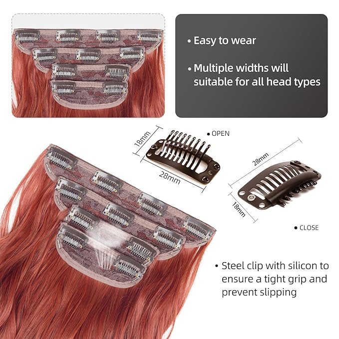 20 Inches Clip in Hair Extensions Double Weft Copper Red Long Wavy Hair Extensions for Women 4PCS Thick Hairpieces Synthetic Fiber (Copper Red)