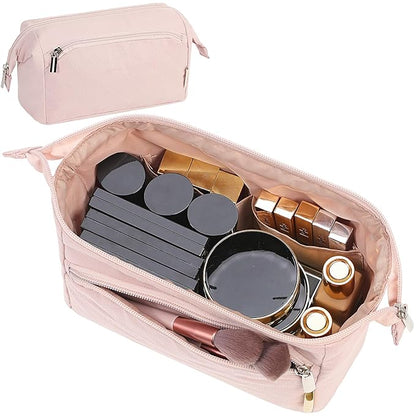 NISHEL Travel Makeup Bag for Women with Front Pockets, Large Wide-open Case, Portable Organizer To Hold Travel-Size Accessory Bottles, Cosmetics, Brushes, Skincare Products, Pink