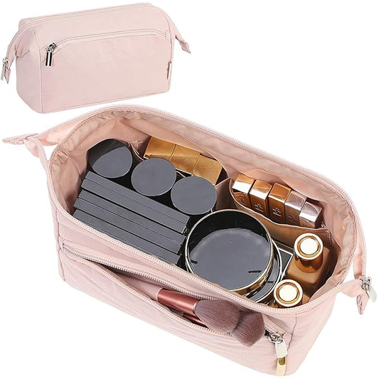 NISHEL Travel Makeup Bag for Women with Front Pockets, Large Wide-open Case, Portable Organizer To Hold Travel-Size Accessory Bottles, Cosmetics, Brushes, Skincare Products, Pink