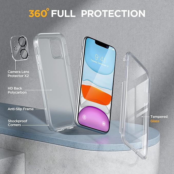 Miracase Glass Series Designed for iPhone 11 Case [2023 Upgraded] Full-Body Rugged Bumper Case with Built-in 9H Tempered Glass Screen Protector and Camera Protector (Matte Clear)