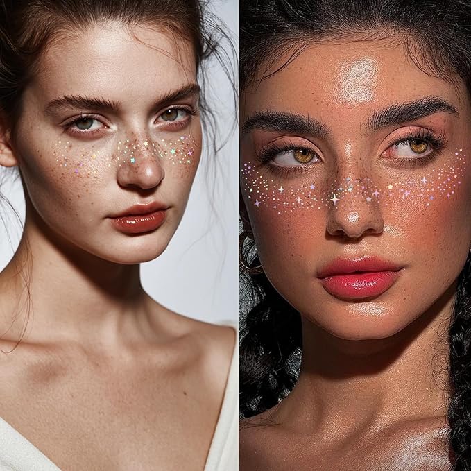 Glitter freckles, Holographic Face and Body Glitter Tattoo Sparkle for Women Gold Glow Cosmetic Star Makeup Accessories 6pcs for Festival Rave
