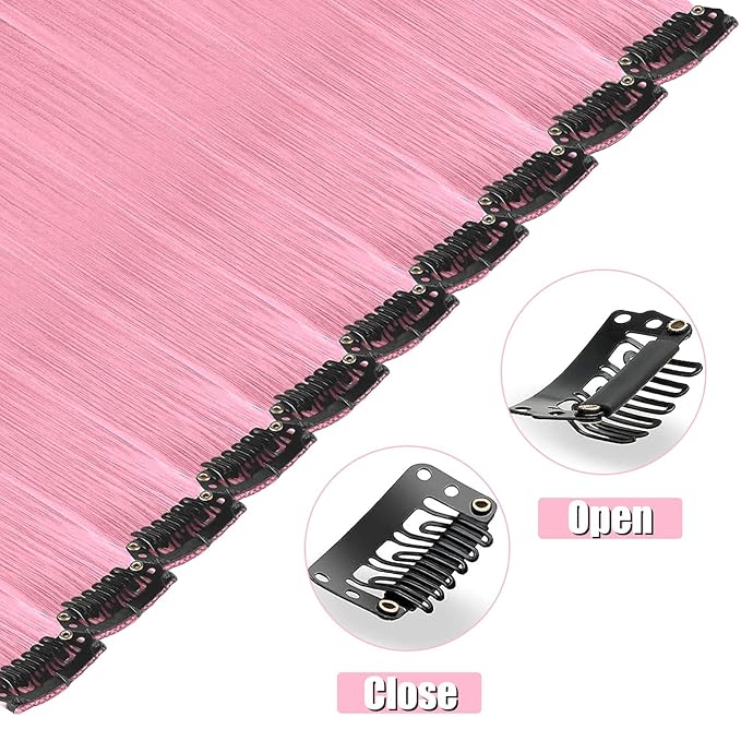 12 PCS Pink Hair Extensions Clip in, 20 Inch Colored Hair Extensions Party Highlights Long Straight Synthetic Hairpieces for Women Kids Girls Cosplay