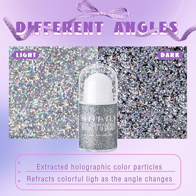 Roll-on Holographic Body Glitter Gel for Face Hair, Chameleon Color Changing Glitter Gel Under Light, Chunky Mermaid Sequins Festival Party Rave Accessories Shimmer Makeup (17# Silver)
