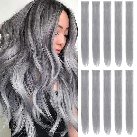 22 inch Colored Hair Extensions Straight Hairpiece, Multi-colors Party Highlights Clip in Synthetic Hair Extensions for Girls Women Kids Favor Gift(10 PCS Grey)