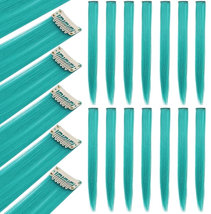 12 PCS Colored Hairpieces, Multi-colors Party Highlights Clip in Hair Heat-Resistant Synthetic Hair Extensions 20 Inch (Teal)