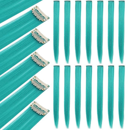12 PCS Colored Hairpieces, Multi-colors Party Highlights Clip in Hair Heat-Resistant Synthetic Hair Extensions 20 Inch (Teal)