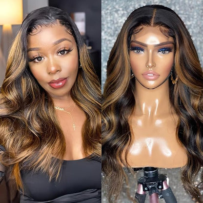 13x4 Body Wave Lace Front Wigs Human Hair 180 Density FB/30 Balayage Ombre Lace Front Wig Human Hair Pre Plucked with Natural Hairline HD Full Frontal for Black Women 18 Inch